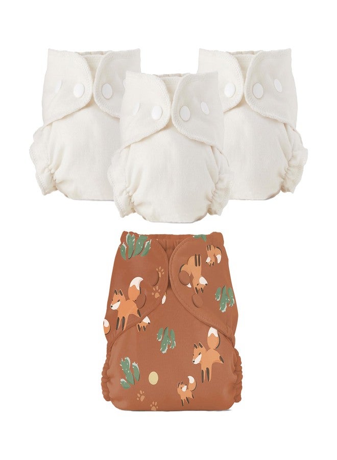 Esembly Cloth Diaper Bundle Set - 3 Organic Cotton Absorbent Inners and 1 Waterproof Outer Diaper Cover - Reusable, Washable, Snap Closure Cloth Diapers - Size 2 (18-35lbs), Foxes - Image 1